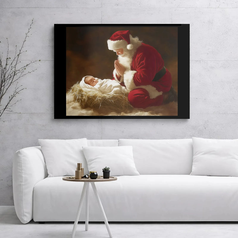 Nativity Scene Canvas Wall Art, Santa Praying at Manger Canvas Print, Religious Christmas Canvas Art, Christian Holiday Wall Decor