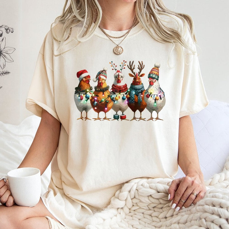 Humorous Farm Animals Holiday Graphic Tee, Christmas Chicken T-Shirt, Country Winter Chicken Coop Shirt, Adorable Xmas Farmer Present T-Shirt