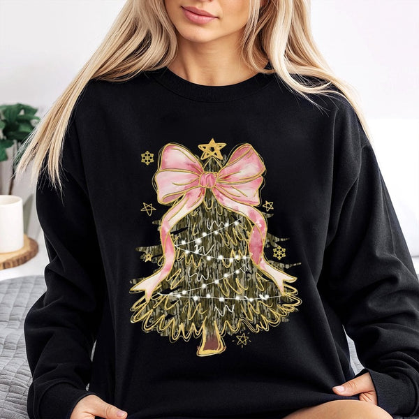 Coquette Pink Bow Xmas Sweater, Camo Christmas Tree Sweatshirt, Camo Tree Holiday Crewneck, Adorable Winter Camo Pullover, Xm