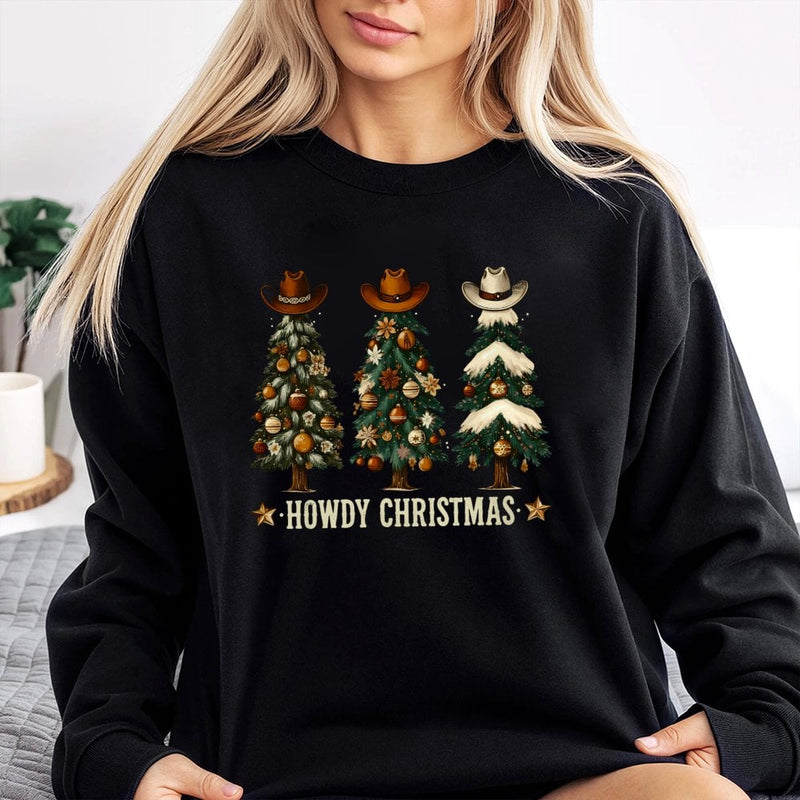 Western Cowboy Hat Tree Crewneck, Howdy Christmas Sweatshirt, Country Holiday Graphic Pullover, Humorous Southern Xmas Sweater Present