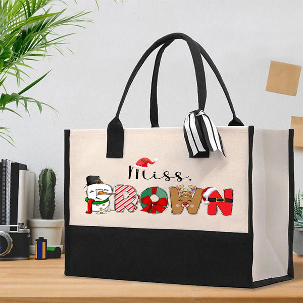 Custom Name Holiday Present Tote Bag, Personalized Teacher Christmas Cotton Tote Bag, Festive Canvas Shoulder Shopper
