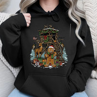 Christmas Deer Hunter Hoodie, Humorous Gingerbread Man Hunting Hoodie, Holiday Hunting Scene Hoodie, Adorable Xmas Outdoor Sweatshirt Present