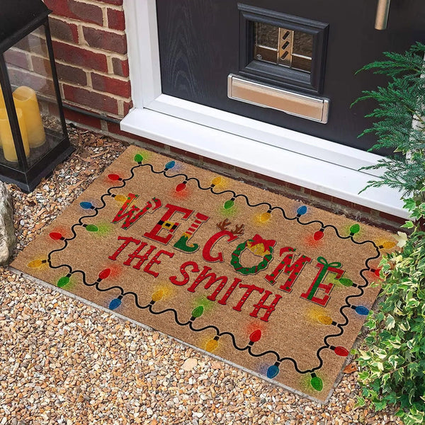 Custom Name Entry Mat, Personalized Christmas Doormat, Non-Slip Holiday Welcome Mat, Winter Front Porch Rug, Seasonal Home De