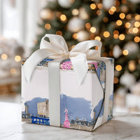Watercolor Winter City Gift Wrap, Pink Christmas Tree Cityscape Wrapping Paper, Festive Street Holiday Wrapping Paper, Urban Gift Wrap Roll