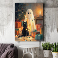 Adorable Spooky Holiday Lights Canvas Print, Ghost and Black Cat Christmas Canvas, Christmas Cat Wall Art, Spooky Festive Canvas Wall Decor Present