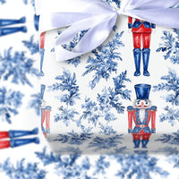 Blue Toile Floral Gift Wrap, Nutcracker Wrapping Paper, Watercolor Nutcracker Soldier Wrapping Paper, Christmas Holiday Present Gift Wrap