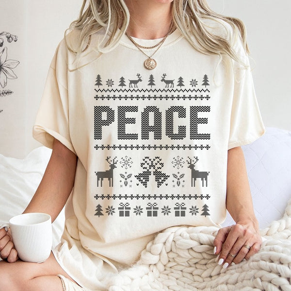 Festive Reindeer Nordic Pattern Shirt, Peace Ugly Christmas T-Shirt, Retro Holiday Xmas Graphic Tee, Matching Couples Christm