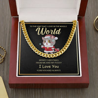 Christmas Message Card Jewelry, Cat Santa Cuban Link Chain Necklace, Polished Stainless Steel Chain, Holiday Anniversary Present for Her