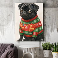 Ugly Sweater Pug Dog Canvas Print, Black Pug Christmas Canvas Wall Art, Holiday Pet Wall Decor, Adorable Christmas Animal Lover Canvas