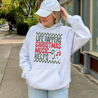 Retro Holiday Music Hoodie, Life Happens Christmas Music Helps Hoodie, Festive Christmas Song Sweatshirt, Adorable Xmas Music Lover Pullover