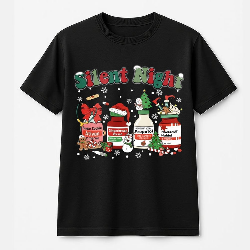Humorous ICU Meds Graphic Tee, Silent Night Nurse Christmas T-Shirt, Medical Holiday Shirt, Registered Nurse Christmas Shirt, Xmas Present for RN
