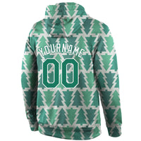Kelly Green White Geometric Holiday Sweatshirt, Custom Christmas Tree Pullover Hoodie, Personalized Name Number Xmas Sports Hoodie