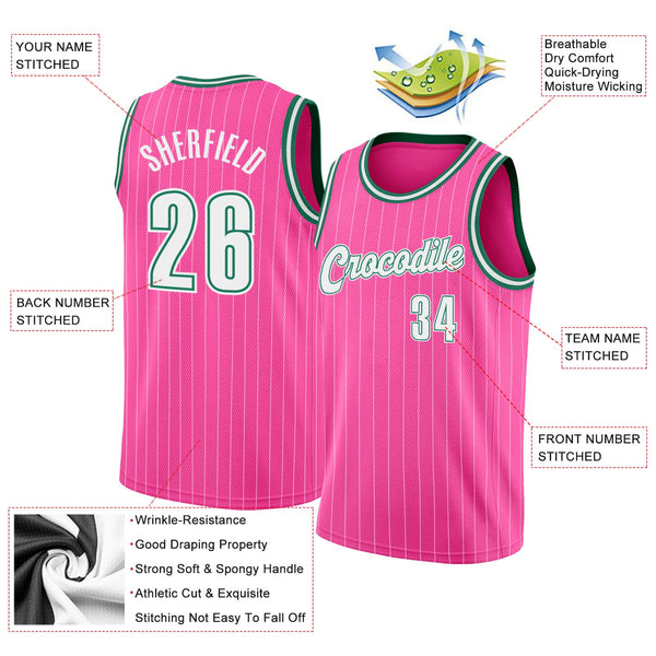 Custom Basketball Jersey - Pink White Pinstripe White-Kelly Green Authentic