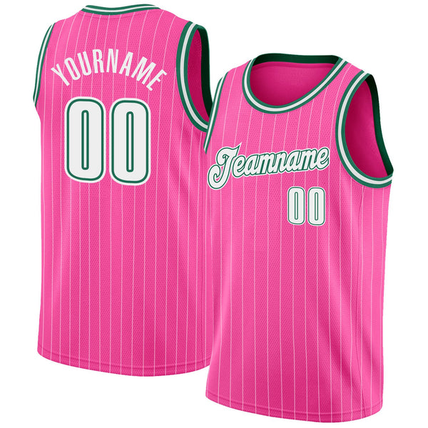 Custom Basketball Jersey - Pink White Pinstripe White-Kelly Green Authentic